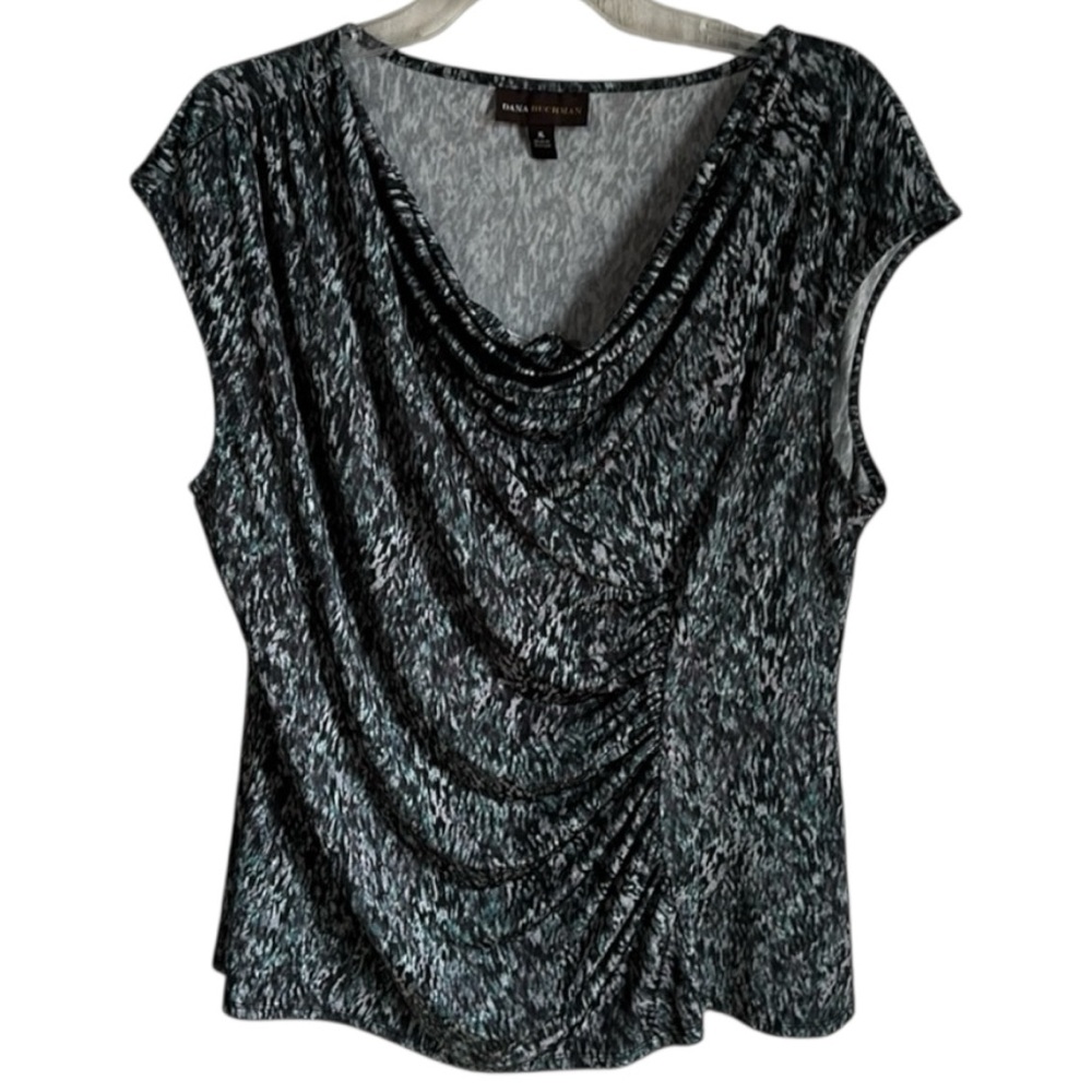 A6- black green gray patterned blouse  Dana buchman XL x- large  extra large